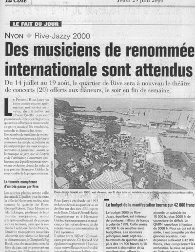 La Côte le 29 juin 2000 - Rive Jazzy dans la Presse