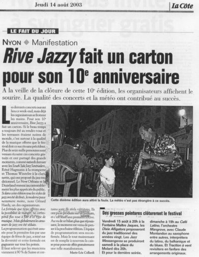 La Côte le 14 août 2003 - Rive Jazzy dans la Presse